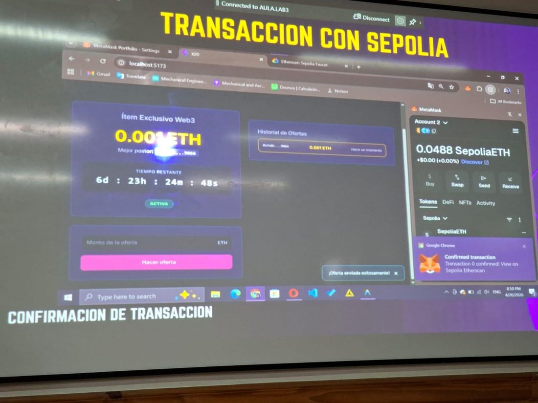 Confirmación en vivo de una transacción firmada en Sepolia durante una clase