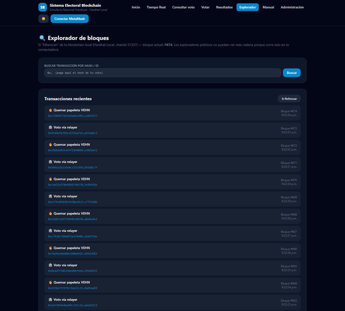 Explorador de bloques con las transacciones recientes